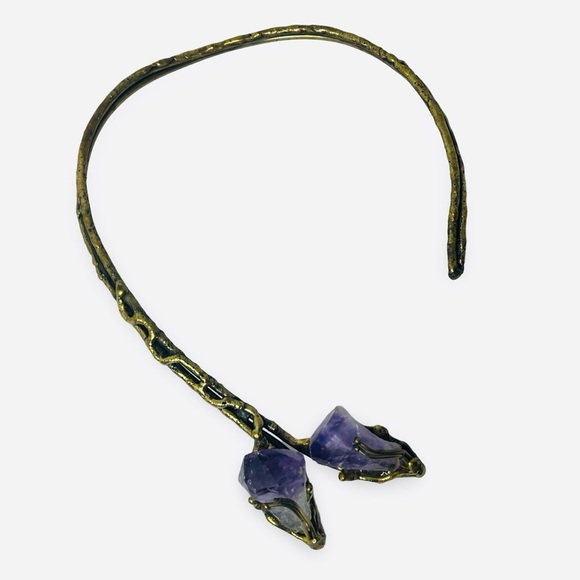 Artisan Jewelry - Vintage Artisan Brutalist Raw Amethyst Torque Choker Statement Necklace